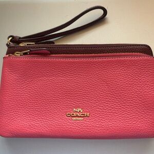 COACH Two-Tone Pebbled Leather Wristlet in Pink and Brown